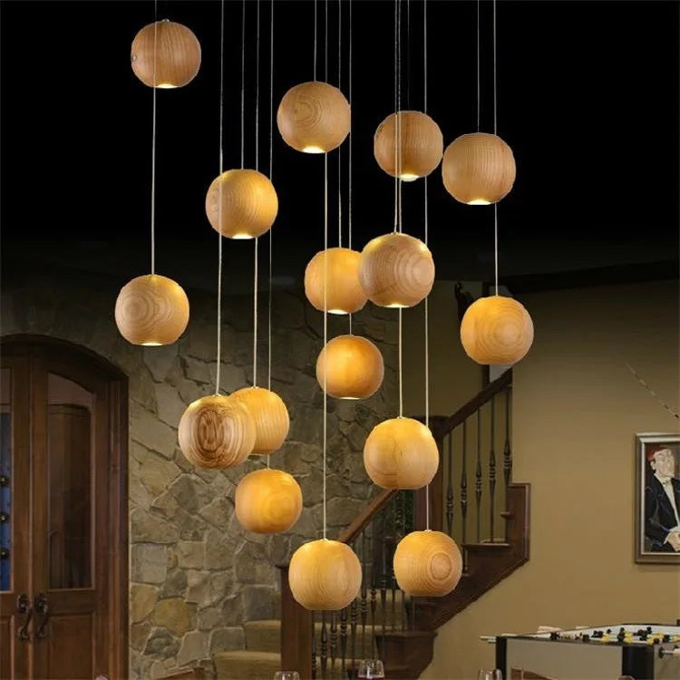 Afralia™ Wooden Ball LED Staircase Chandelier for Home & Hospitality