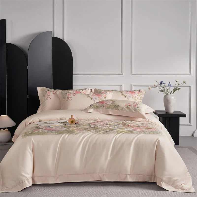 Afralia™ Flowers Pattern 1000TC Egyptian Cotton Luxury Bedding Set & Silk Duvet Cover