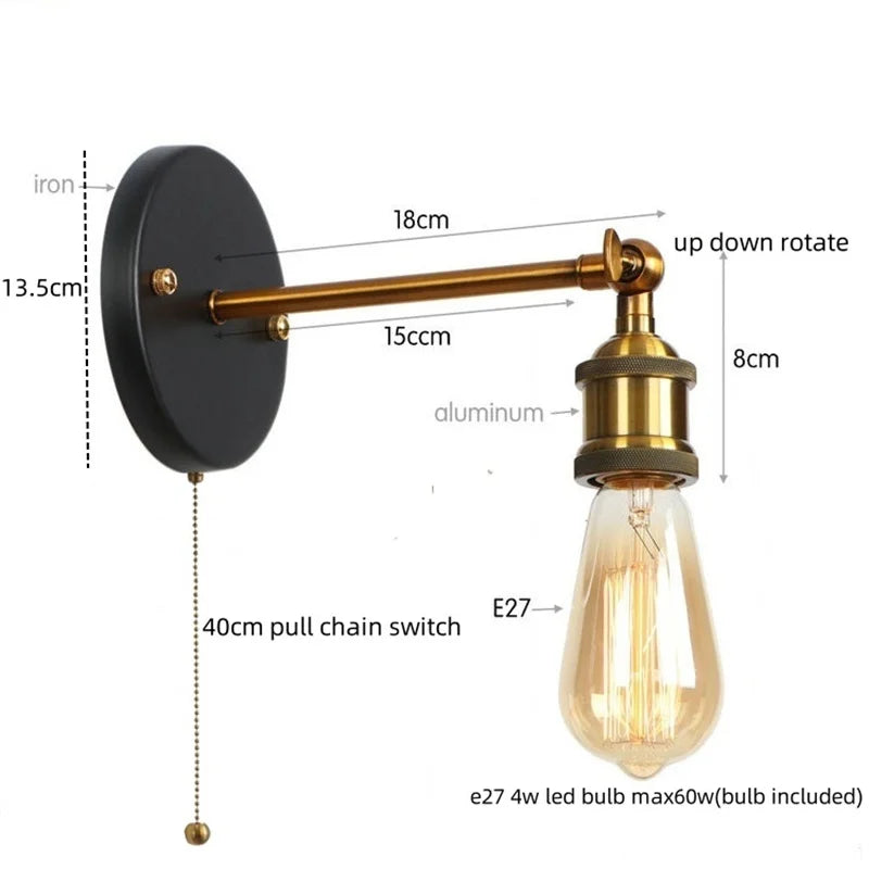 Afralia™ Retro Iron LED Wall Lamp Sconce, Gold Vintage Indoor Luminaire for Bedroom, Cafe