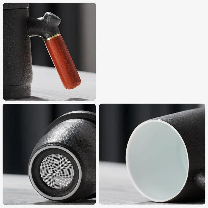 Afralia™ Ceramic Puer Tea Cup Set with Wood Handle, Heat Resistant Quality