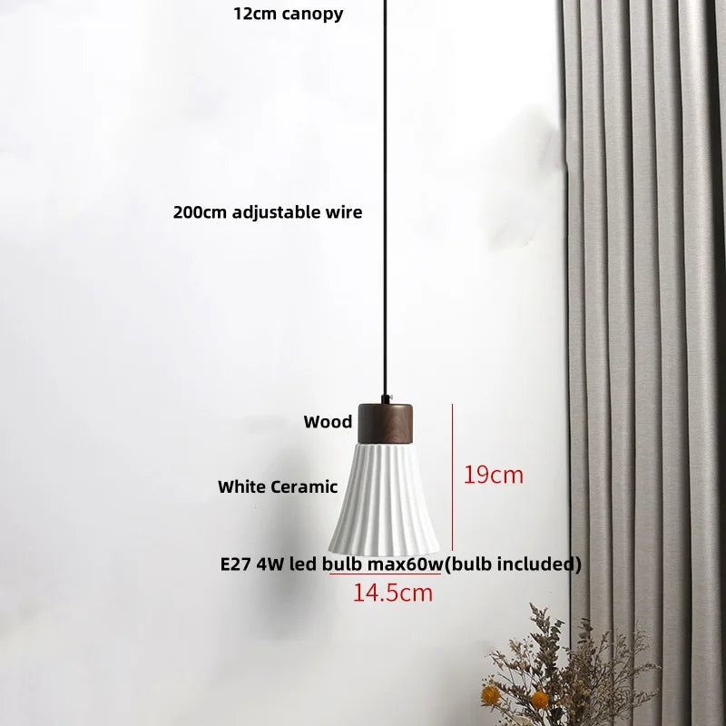 Afralia™ Ceramic LED Pendant Light Fixture - Nordic Modern Wood White Hanging Lamp