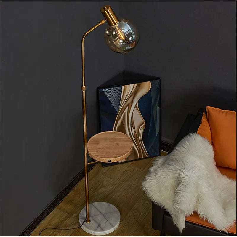 Afralia™ Wireless USB Charging Floor Lamp Round Wood Metal Table Standing Lamp