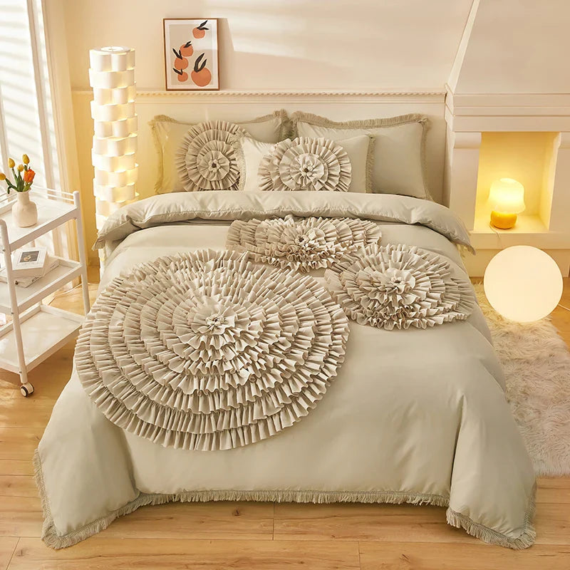 Afralia™ Brushed Cotton Flower Embroidery Bedding Set with Stereoscopic Handwork