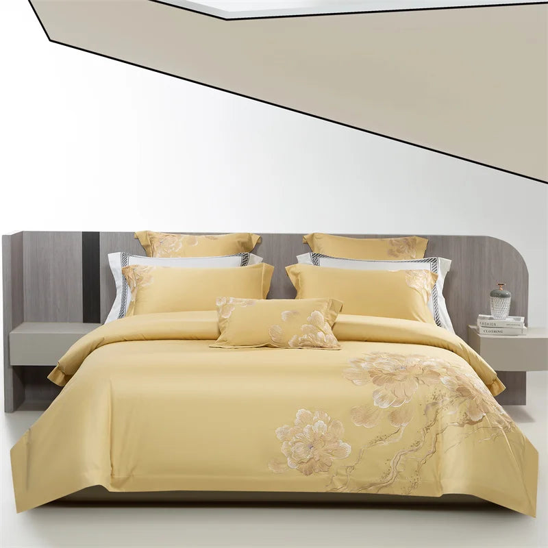 Afralia™ Luxury Flowers Embroidery Egyptian Cotton Bedding Set with 1400TC Quality