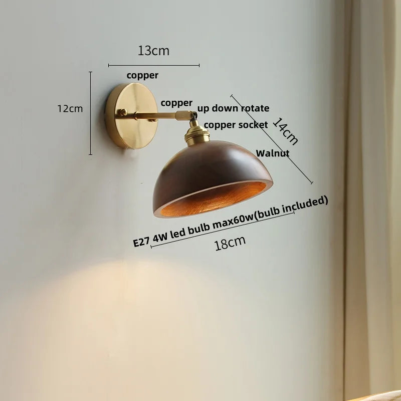 Afralia™ Nordic LED Wall Light Sconce Walnut Wood Copper Pull Chain Switch