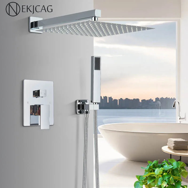 Afralia™ Chrome Shower Faucet Set with Rainfall Shower, Hot/Cold Mixer, Handshower, Rotate Spout