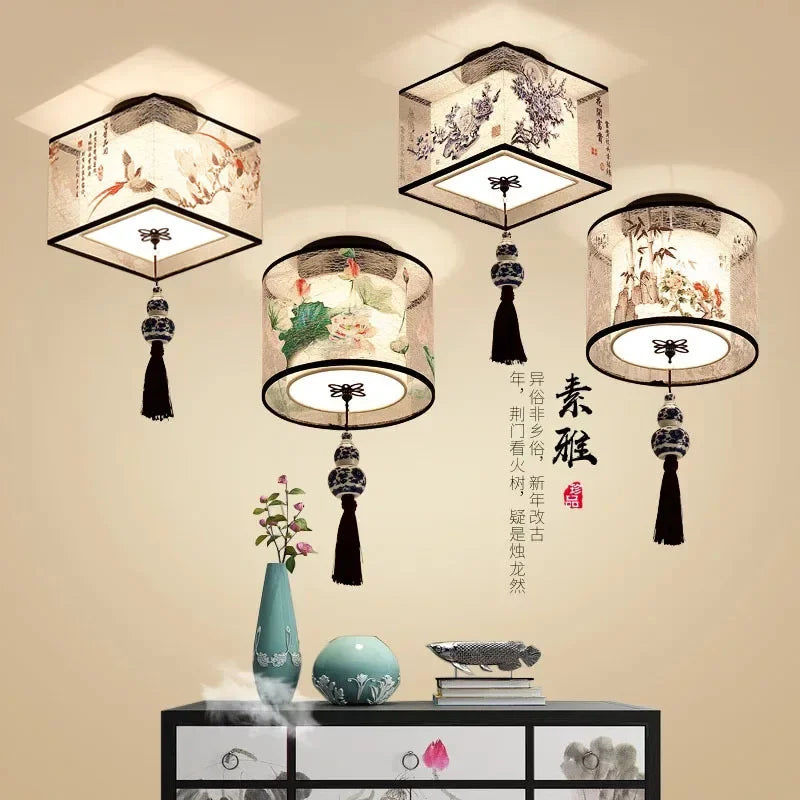 Afralia™ Lotus Chinese Chandelier Ceiling Lamp Simple Corridor Painting LED Lighting