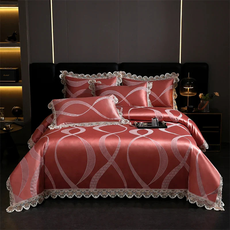 Afralia™ Golden Jacquard Cotton Lace Bedding Set - Silky Soft Duvet Cover, Flat Sheet, Pillowcase