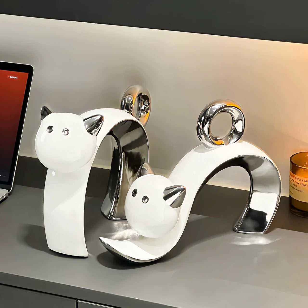 Afralia™ Ceramic Cat Figurines: Adorable Cartoon Silver Little Cat Sculpture for Home Decor