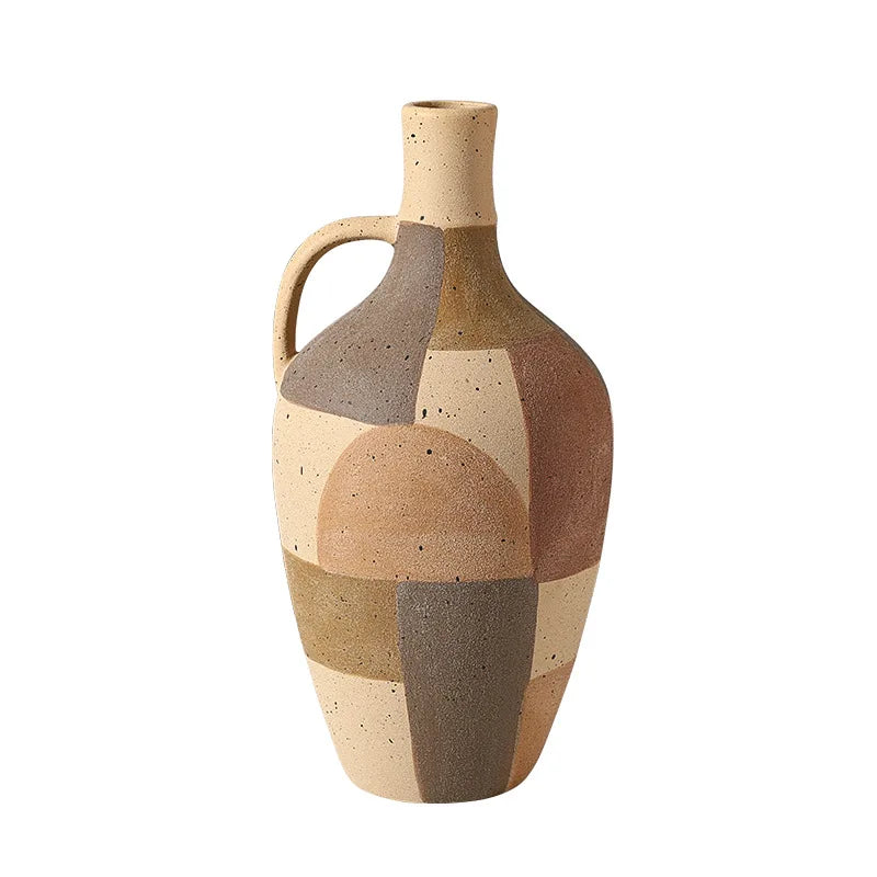 Afralia™ Checkered Color-blocked Ceramic Vase with Geometric Handle