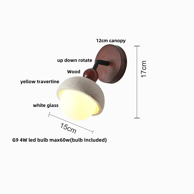 Afralia™ Vintage LED Wall Sconce Lamp Yellow Travertine Pull Chain Switch Wood Mirror Light