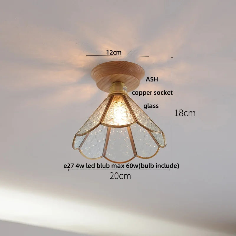Afralia™ Tiffany Glass Copper Ceiling Lights Wood Ash LED Lamp Japan Style