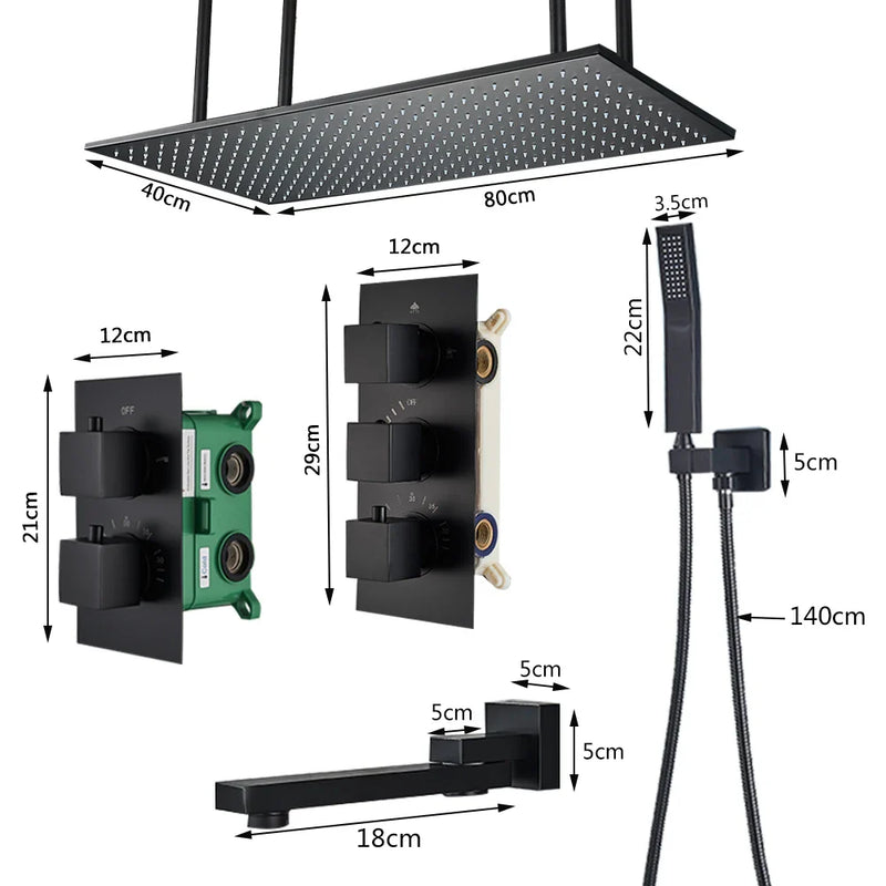 Afralia™ Black Brass Thermostatic Shower Faucet with Ceiling Rainfall Shower Head