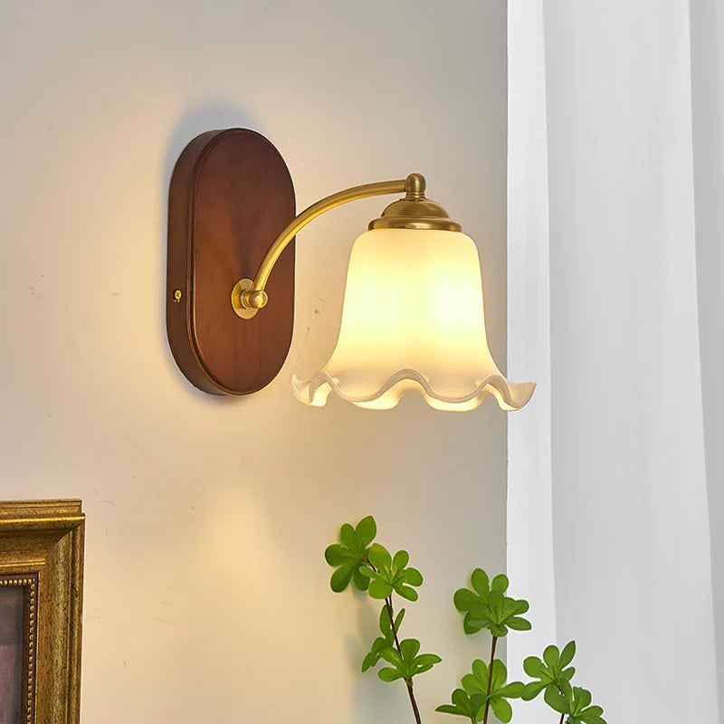 Afralia™ LED Japanese Style Wall Lights Copper Wood Bedside Lamp for Home Bedroom