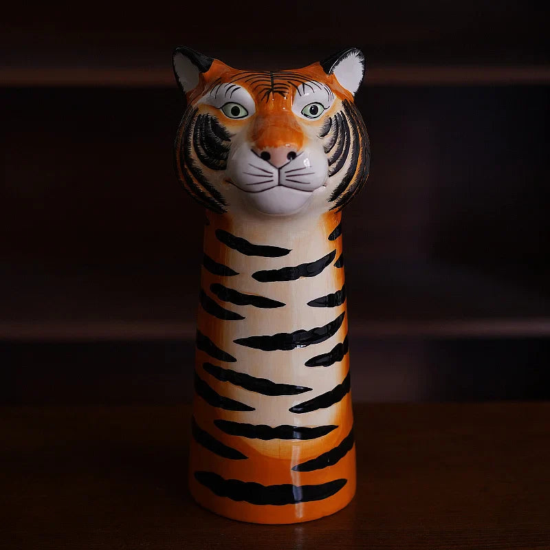 Afralia™ Tiger Head Vase Cartoon Sculpture | Handcrafted Animal Ornament for Home Décor