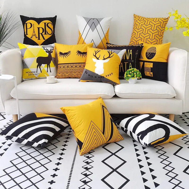 Afralia™ Yellow Geometric Patchwork Polyester Cushion Cover with Black Alphabet Letter