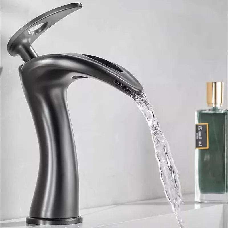 Afralia™ Waterfall Basin Faucet, Solid Brass Hot Cold Sink Faucet, Deck Mounted Lavatory Faucet
