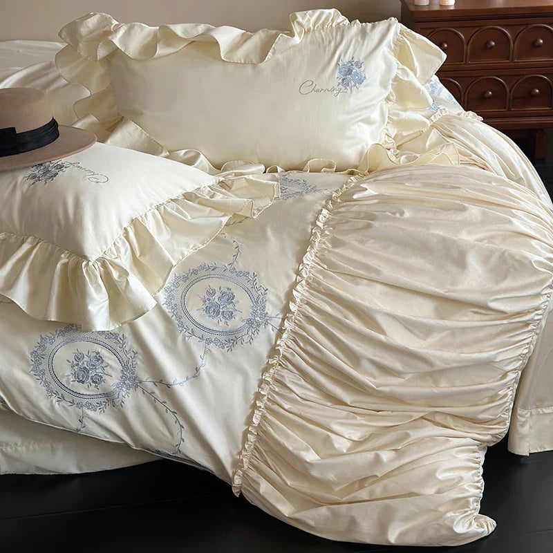 Afralia™ Rustic Rose Embroidery Bedding Set with Pleated Ruffles in Egyptian Cotton