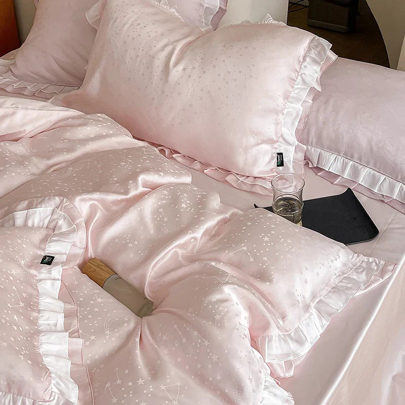 Afralia™ Pink Lyocell Silky Princess Bedding Set with Ruffles and Jacquard Design