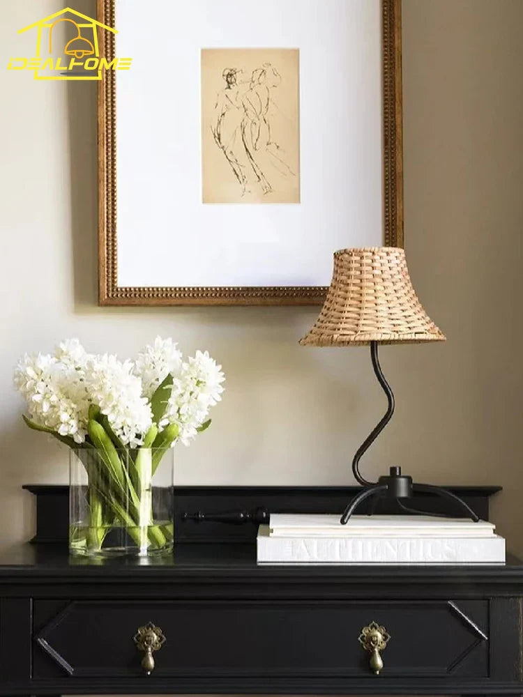 Afralia™ Retro Rattan Weaving Table Lamp LED E27 for Living Room Bedroom Décor.