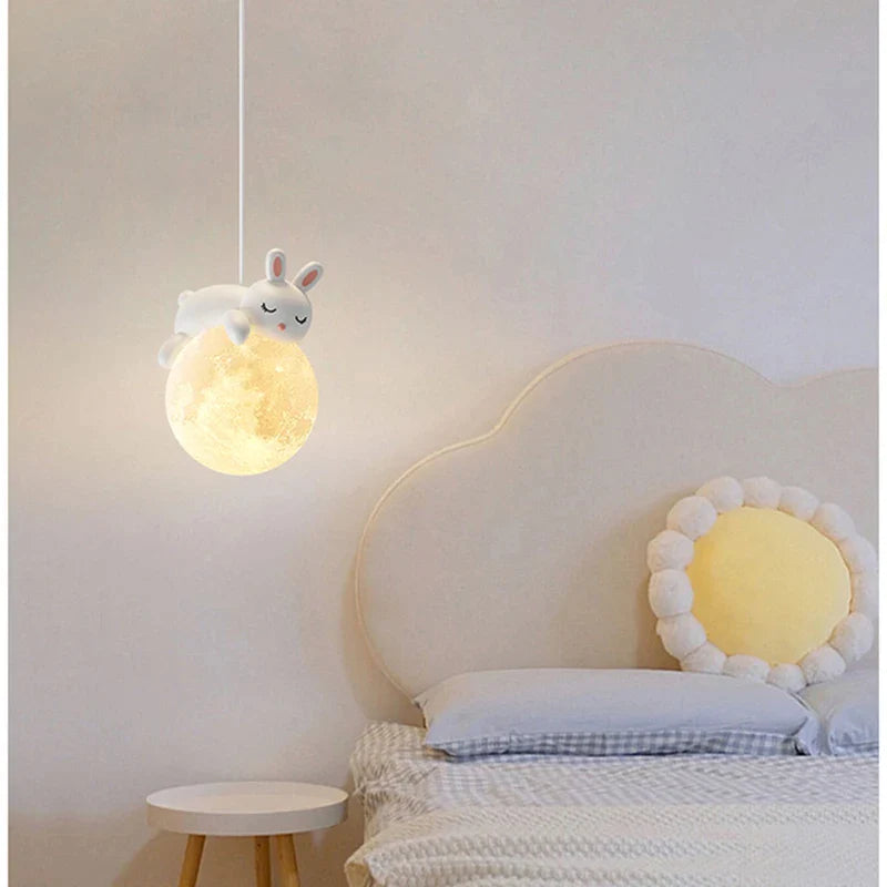 Afralia™ Moon Rabbit Pendant Lamp for Children's Room Bedside, 3D Printing, White Lampshade