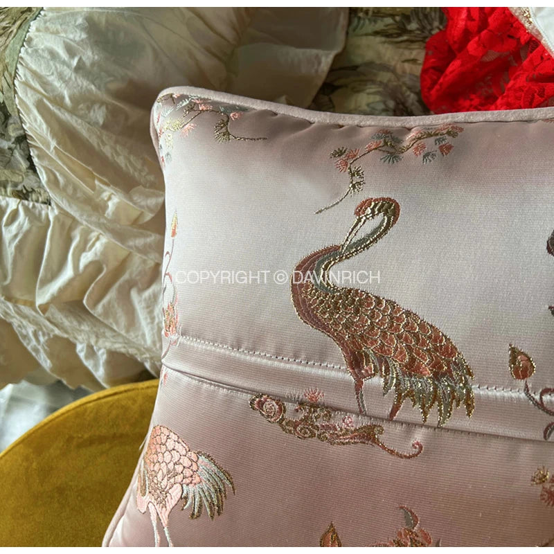 Afralia™ Antique Crane Floral Jacquard Luxury Lumbar Pillow Case Square Gold Stitch