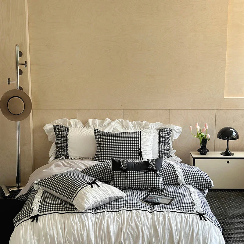 Afralia™ Checkered Ruffle Pleat Bedding Set with Bow Decoration