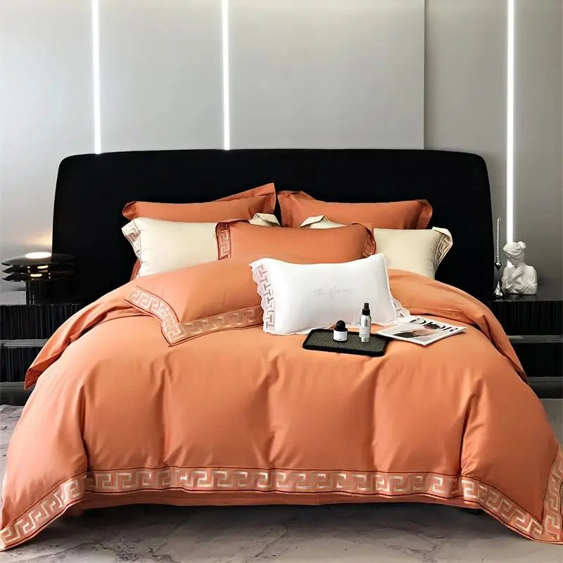 Afralia™ Gold Embroidery Duvet Set, Black Egyptian Cotton Bedding, 1000TC, Double King Queen