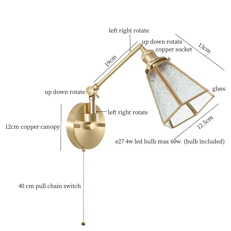 Afralia™ Vintage Brass Glass LED Wall Light with Pull Chain, Left Right Rotate Mirror Design