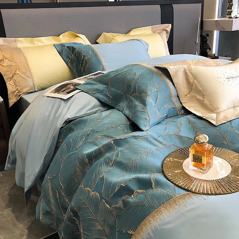 Afralia™ Luxe Gold Leaves Satin Jacquard Embroidery 1000TC Egyptian Cotton Bedding Set