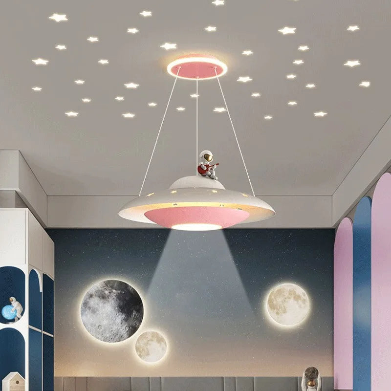 Afralia™ Cartoon Astronaut Chandelier UFO Ceiling Lamp for Kids Girl Boy Bedroom