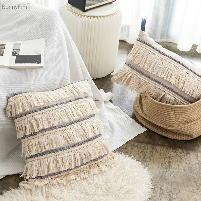 Afralia™ Embroidered Tassel Cushion Cover | Beige Grey | Cotton Linen | Home Decor