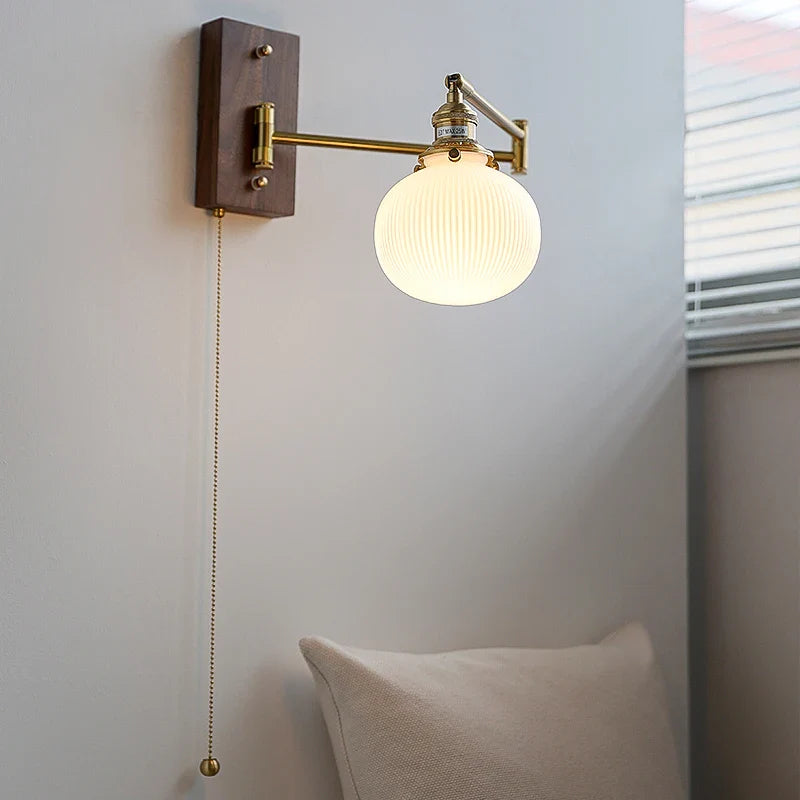 Afralia™ Wall Lamp Pull Chain Switch Ceremic LED Fixture with Walnut Wood Copper Arm