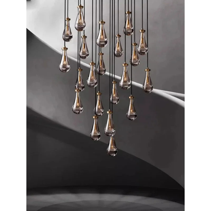 Afralia™ Brass Teardrop Pendant Chandelier with Black/Gold Glass - LED Living Room Staircase Light