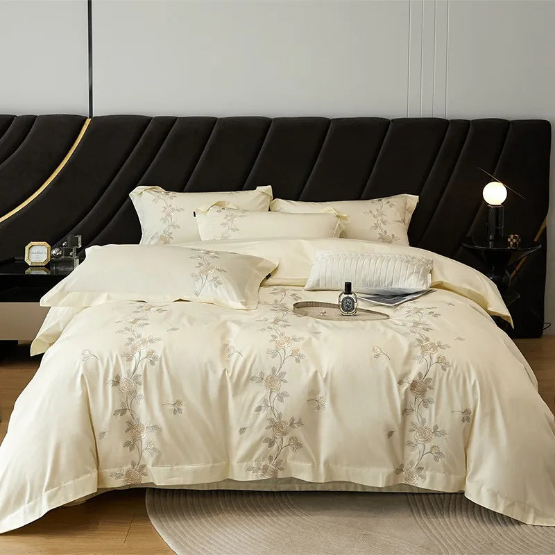 Afralia™ Rose Flowers Embroidery Luxury Egyptian Cotton Bedding Set
