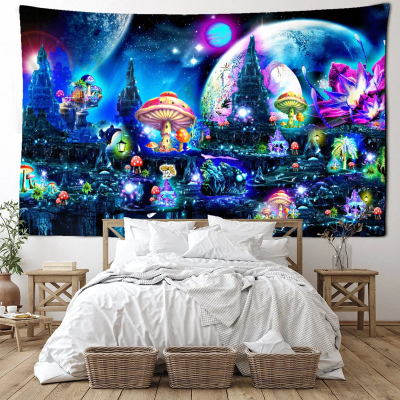 Afralia™ Mushroom Castle Tapestry Wall Hanging for Magical Home Decor