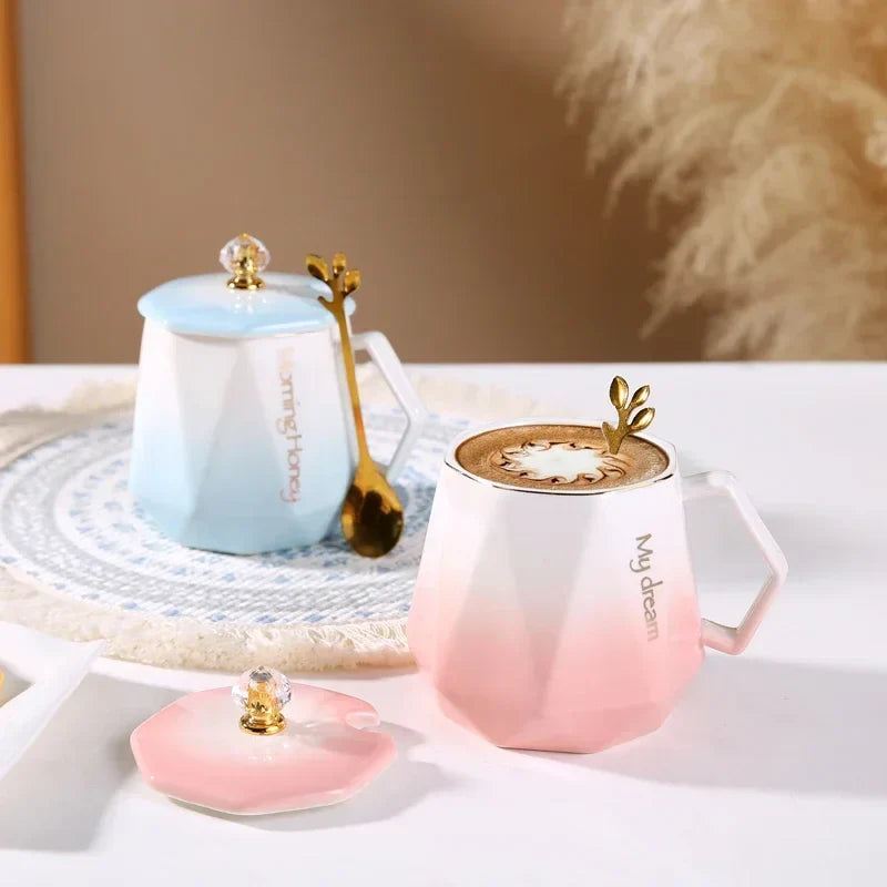 Gradient Diamond Afralia Mug Set with Lid & Spoon - Stylish Couple Milk Tea Cup