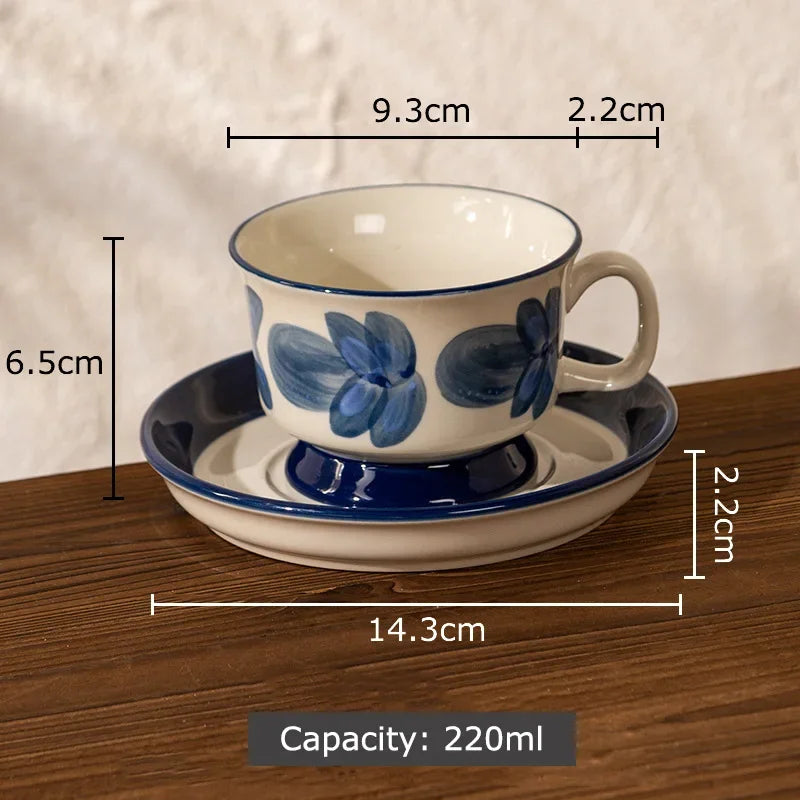 Afralia™ Ink Flowers Ceramic Cup & Saucer Set - Gold-plated Coffee Mug for Dining Table
