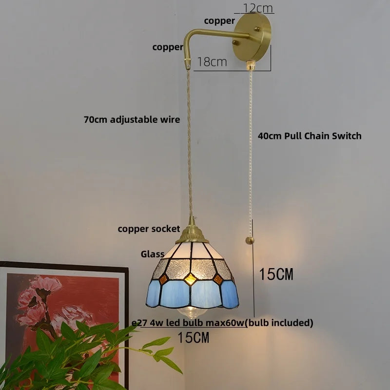 Afralia™ Glass Brass LED Wall Sconce Pull Chain Switch Vintage Vanity Light
