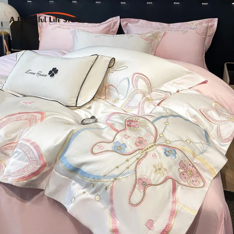 Afralia™ Embroidered Butterfly Flowers Patchwork Bedding Set
