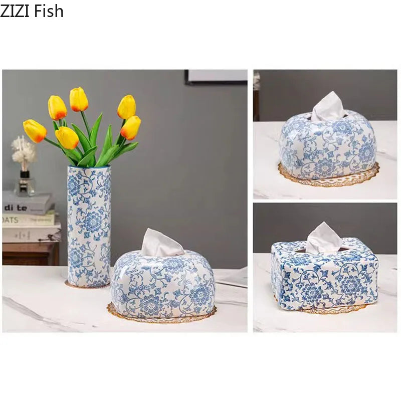 Blue and White Porcelain Tissue Box by Afralia™: Ceramic Desk Decor & Paper Towel Case