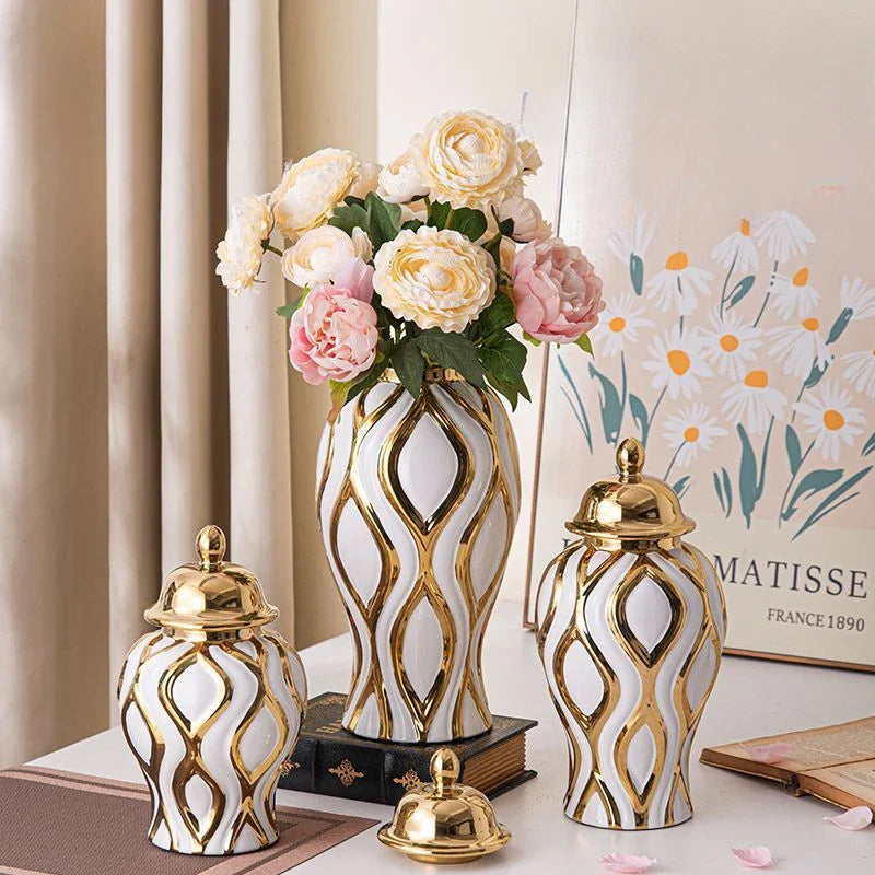 Afralia™ Geometric Pattern Golden Porcelain Ginger Jar Vase - Home Decoration Ceramic Craft Ornament