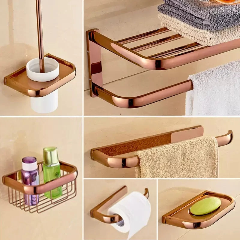Afralia™ Rose Gold Bathroom Accessories Set: Towel Rack, Shelf, Paper Holder, Towel Holder, Toilet Brush Holder