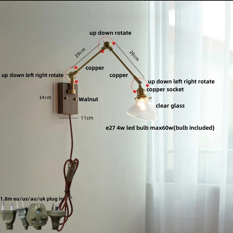 Afralia™ Nordic Green LED Swing Arm Wall Lamp Sconce Glass Walnut Wood Mirror Light