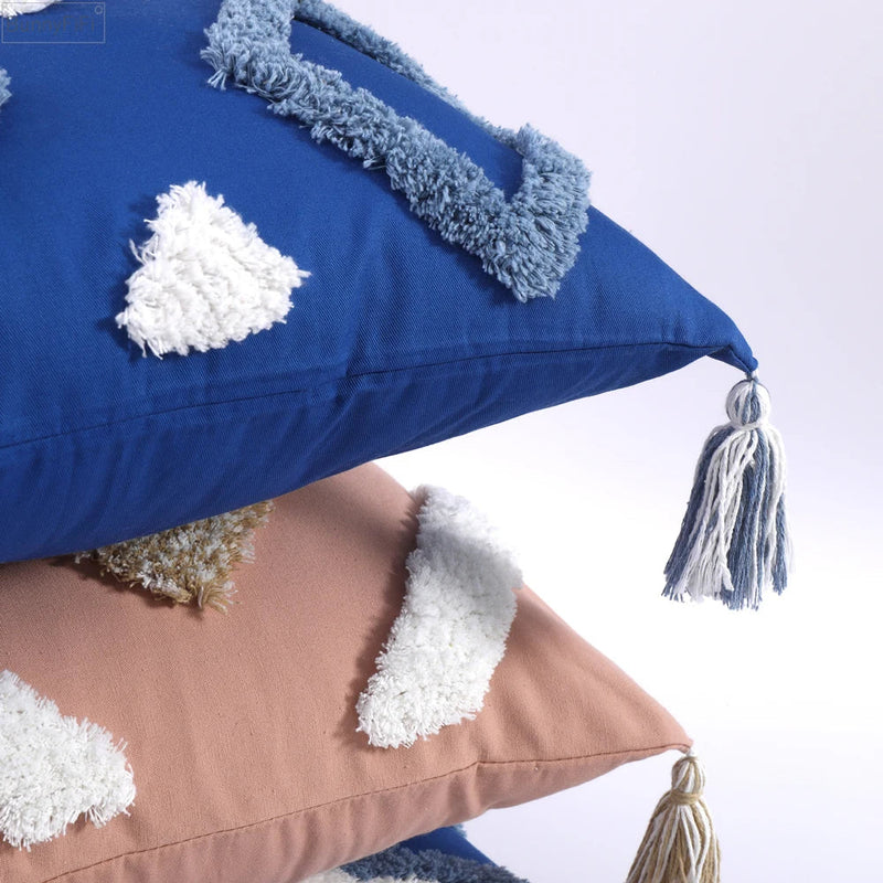 Afralia™ Boho Tufted Tassel Cushion Cover 45x45cm - Blue Pink Cotton Throw Pillow Cover