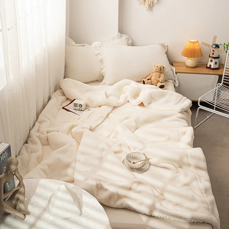 Afralia™ Tuscan Faux Rabbit Fur Embroidered Plush Throw Blanket cozy Winter Warmth