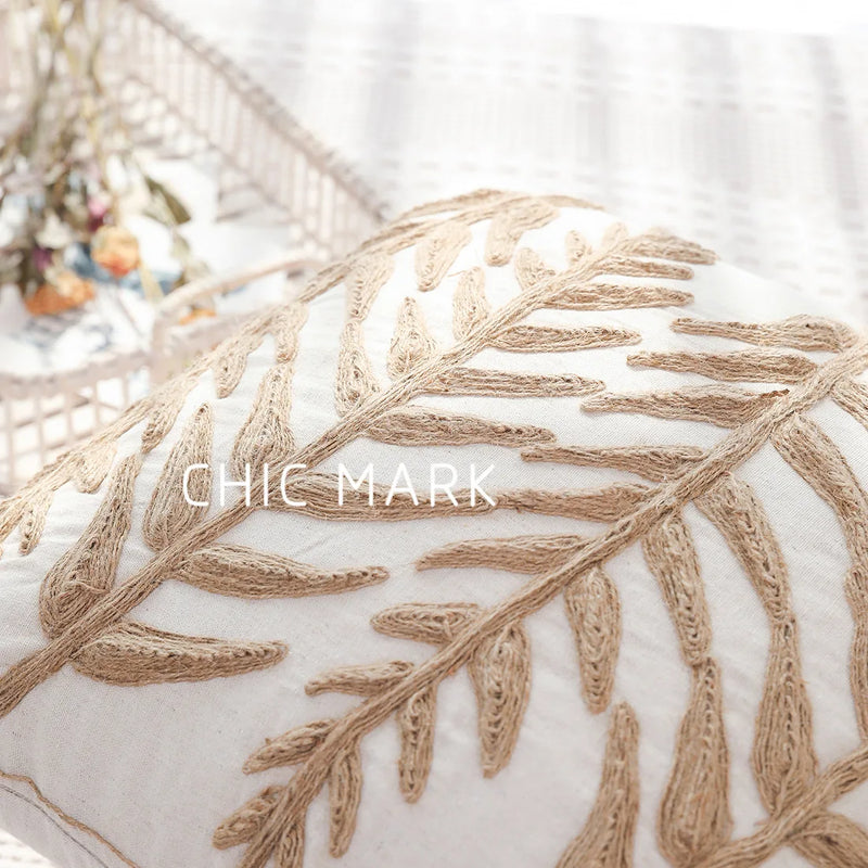 Afralia™ Flax Leaves Embroidered Linen Cushion Cover for Stylish Living Room Décor