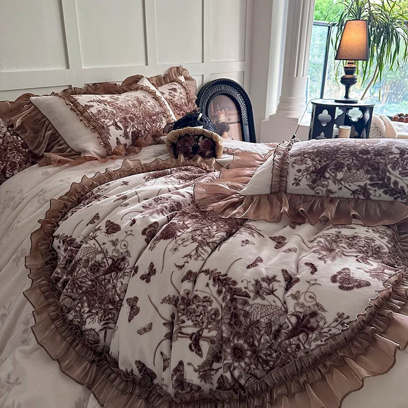 Afralia™ Butterfly Flowers Lace Velvet Bedding Set with Ruffles - Full Bed Linen Collection