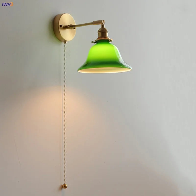 Afralia™ Green Loft LED Wall Light: Vintage Bedside Lamp, Up Down Rotate Glass, Pull Chain Switch