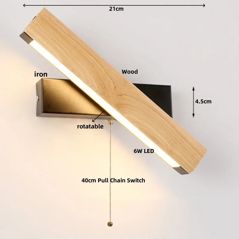 Afralia™ Rotatable Nordic LED Wall Sconce Pull Chain Wood Stair Light